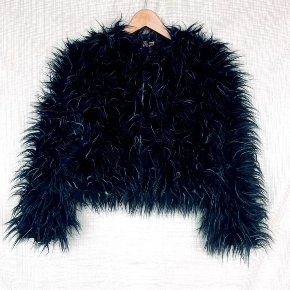 Vintage 80s Cropped Faux Fur Coat Glam Collarless Sleaze Pop Trashy Iconic - Picture 1 of 4